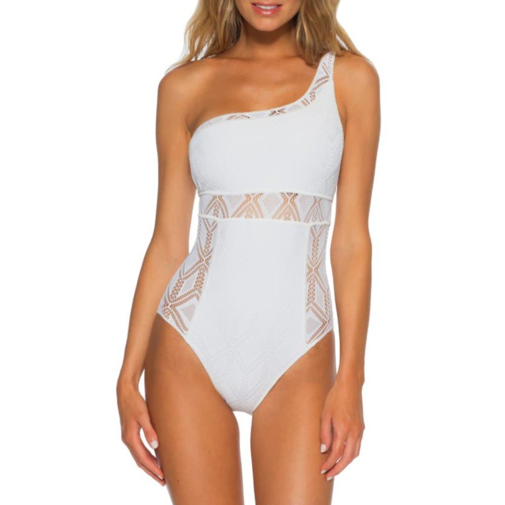 BECCA New Color Play Asymmetrical One Shoulder Crochet Lace One Piece Swimsuit